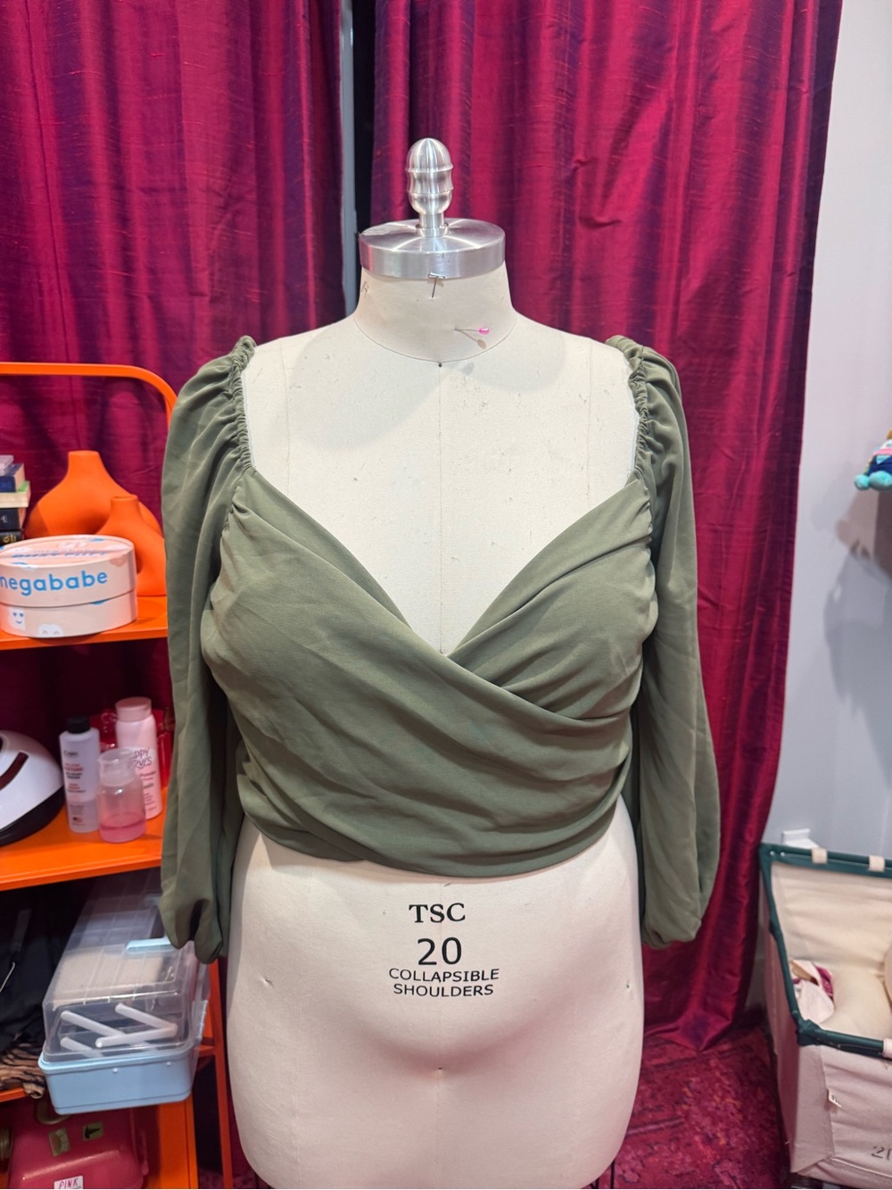 Cider Olive Green Ruched Wrap Crop Top